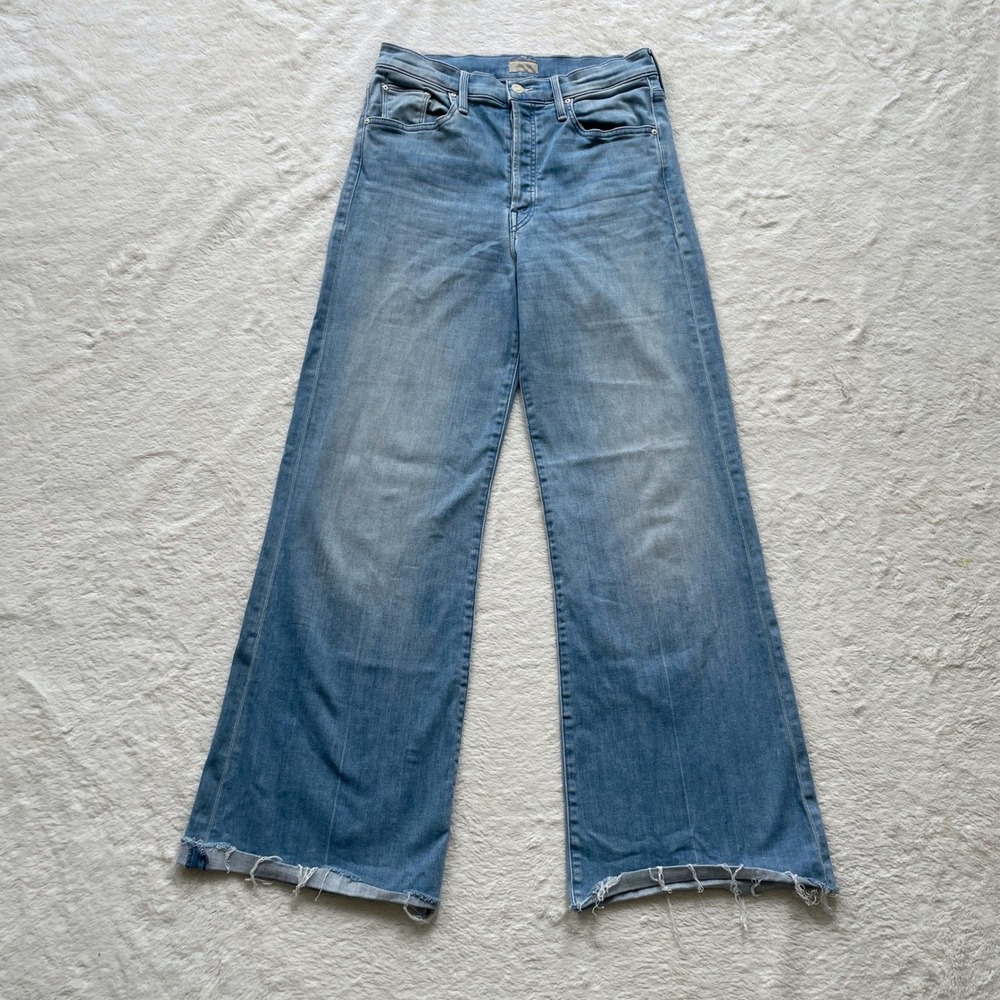 Mother The Tomcat Roller Fray Jeans Power Trip Size 30 Light Wash Wide Leg Flare